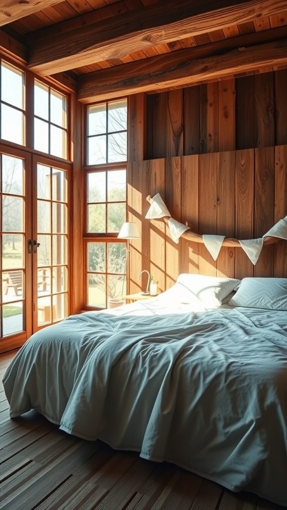 A rustic bedroom featuring large windows that allow natural light to fill the space.