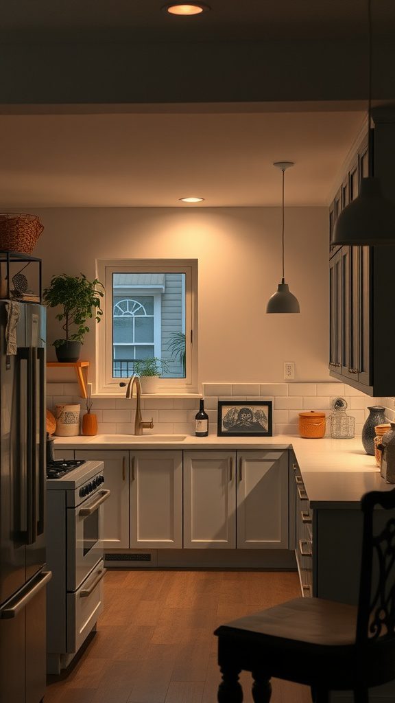 A cozy kitchen with layered lighting, featuring recessed lights, a pendant lamp, and warm tones.