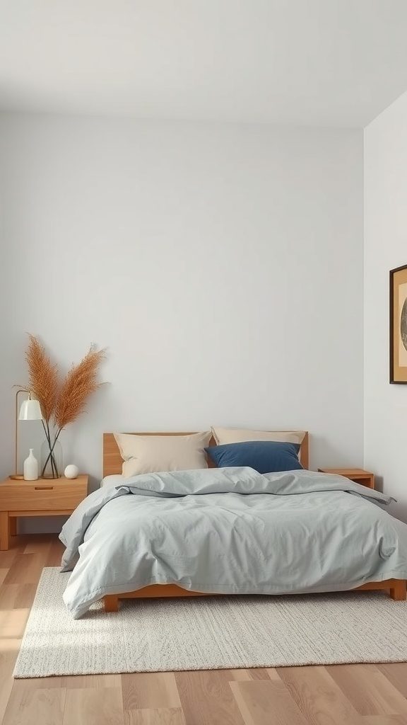 A minimalist bedroom featuring a wooden bed, soft bedding, and simple decor.