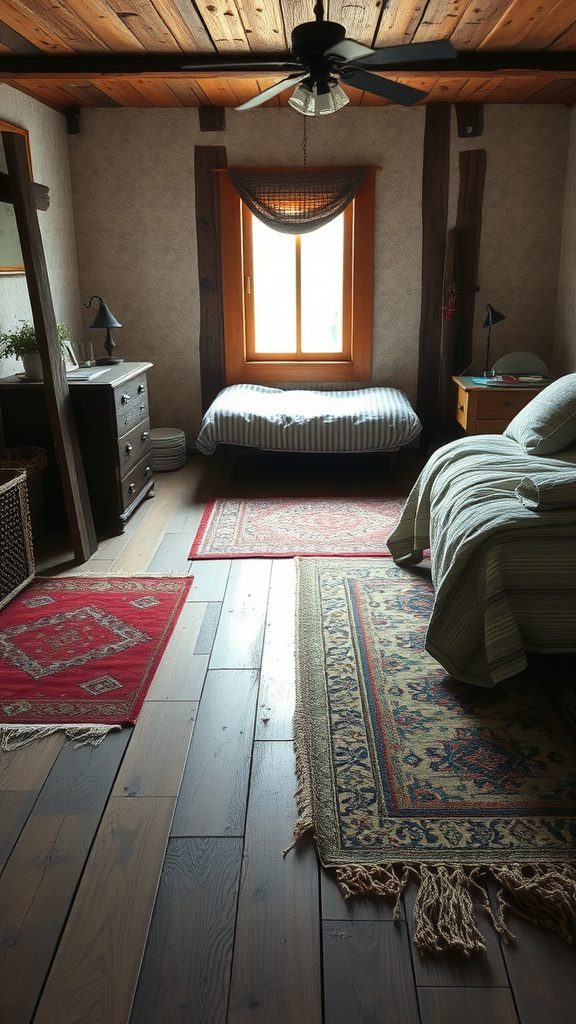 A rustic bedroom featuring layered rugs, wooden ceiling, and warm lighting.