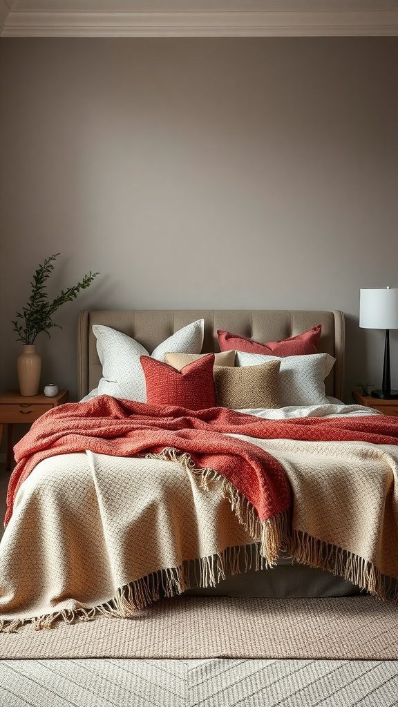 Cozy master bedroom with layered textiles including blankets and cushions.