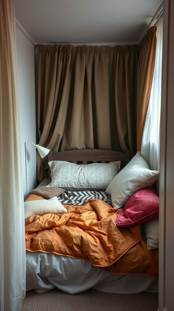 A cozy small bedroom with layered textiles, featuring a bed surrounded by pillows and colorful blankets.