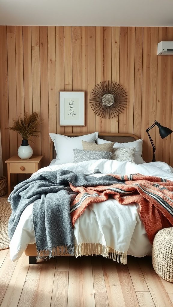 A beautifully layered bed with soft blankets and pillows in a Scandinavian-style bedroom.