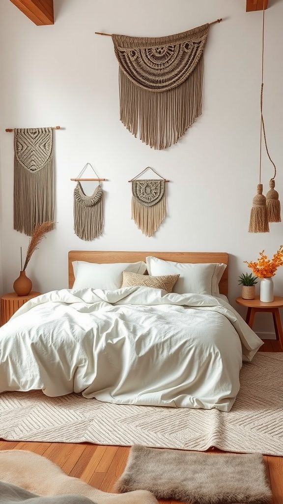 A modern bedroom with layered textures, featuring a cozy bed, macrame wall hangings, and warm wood accents.