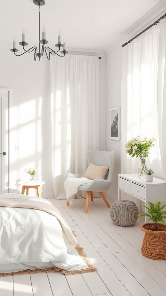 A bright and airy Scandinavian bedroom with white walls, natural light, and minimalist decor.