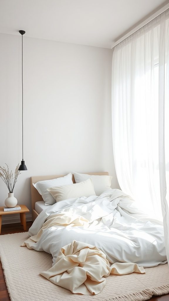 A minimalist bedroom with soft linens and sheer curtains, emphasizing a light and airy aesthetic.