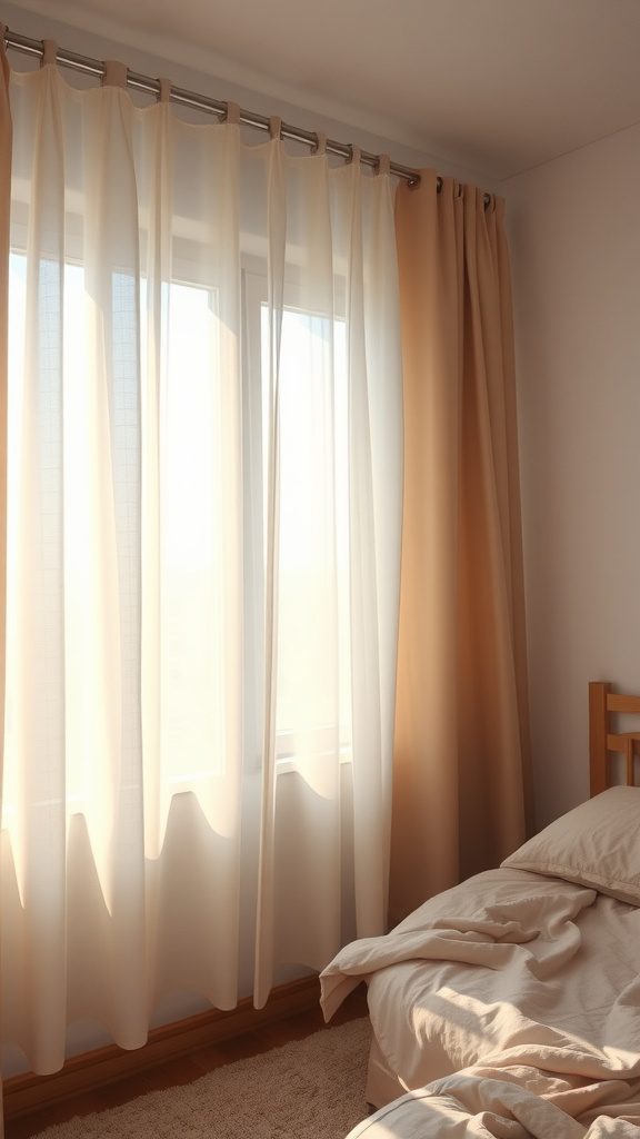 Lightweight curtains allowing sunlight to filter into a small bedroom