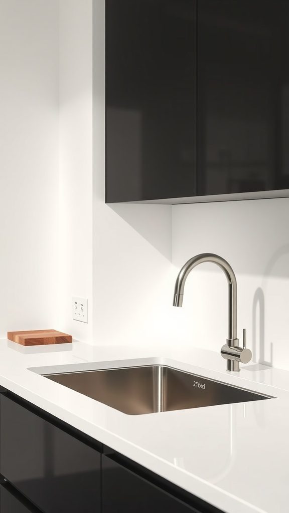 A sleek, minimalistic kitchen sink and faucet arrangement.