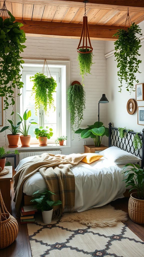 A cozy bedroom with various hanging and potted plants, showcasing a rustic charm.