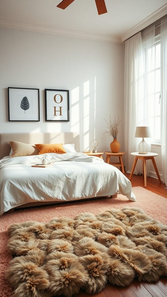 A beautifully styled bedroom with a plush area rug.