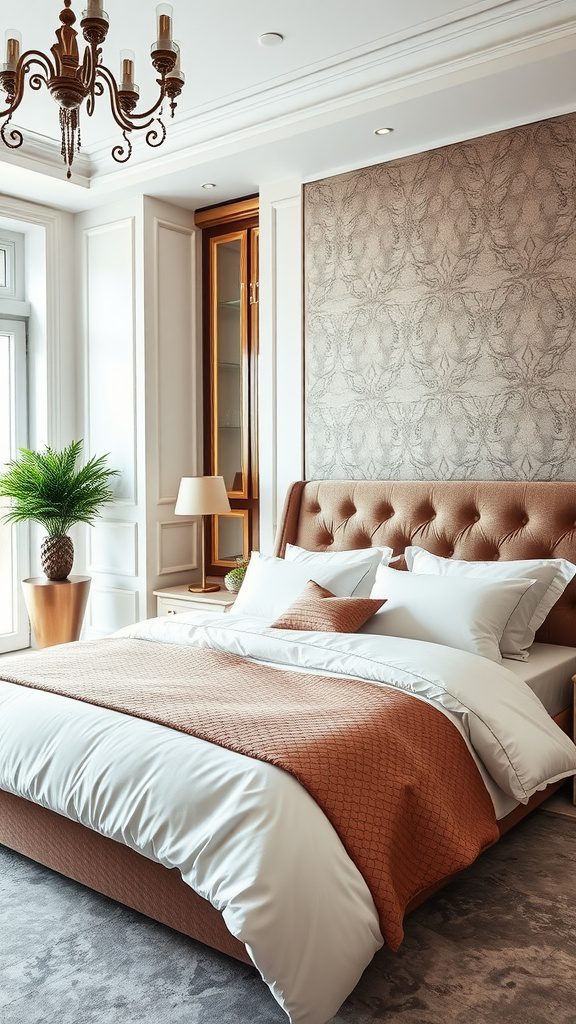 A modern bedroom featuring luxurious bedding with a soft quilt and plush pillows.