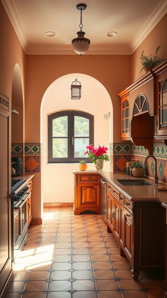 A warm Mediterranean kitchen featuring wooden cabinetry, colorful tiles, and natural light.