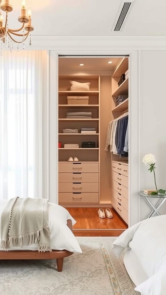 A spacious and well-organized walk-in closet with neatly arranged clothes and shoes.