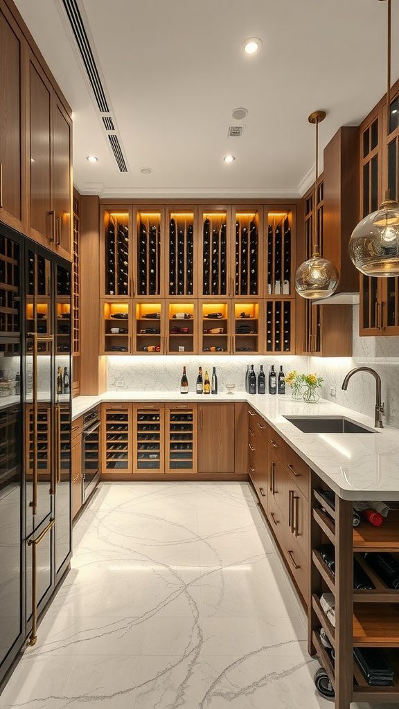 A luxurious wine cellar with wooden cabinets and ambient lighting, integrated into a modern kitchen.