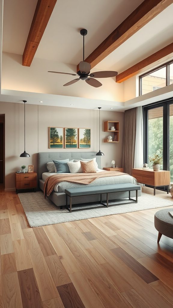 A cozy master bedroom with a functional layout featuring a bed, bench, and wall-mounted lamps.