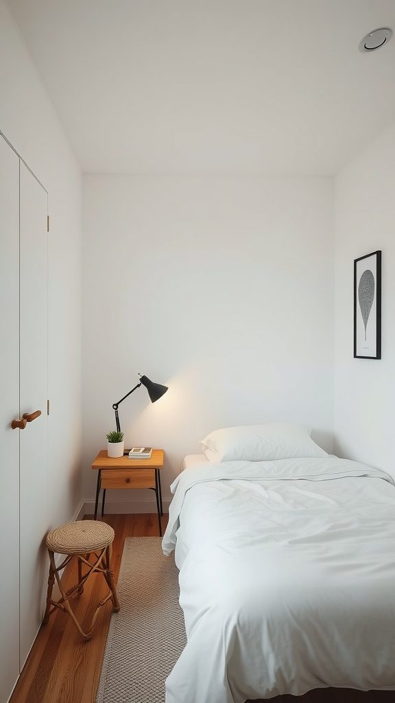 A minimalist bedroom with a bed, a small bedside table, and a lamp in a bright, uncluttered space.