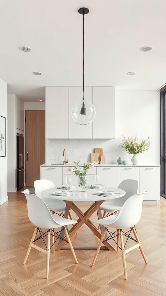 Minimalist dining area with a round table and stylish chairs in a bright kitchen.