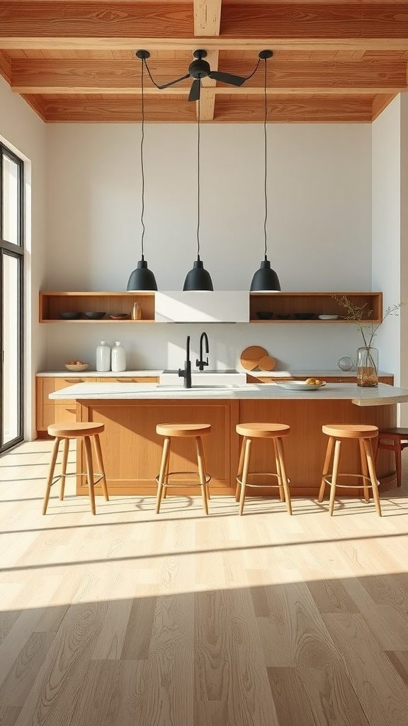 A minimalist kitchen island with wooden stools, featuring a sleek countertop and modern lighting.