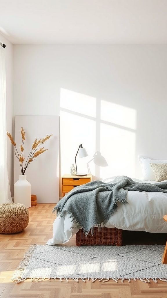 A minimalist Scandinavian bedroom featuring a cozy bed, light colors, and simple decor