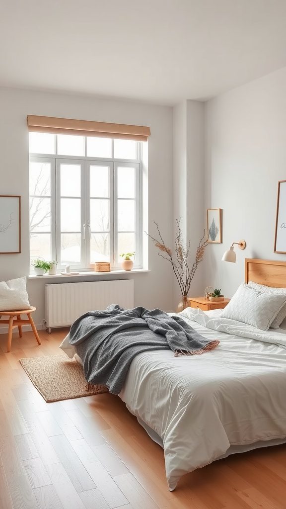 Minimalist bedroom with natural light and cozy textures