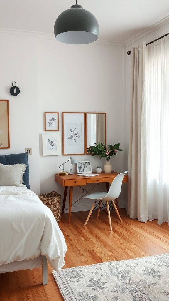 A Scandinavian bedroom featuring a mix of modern and vintage elements with a clean aesthetic.