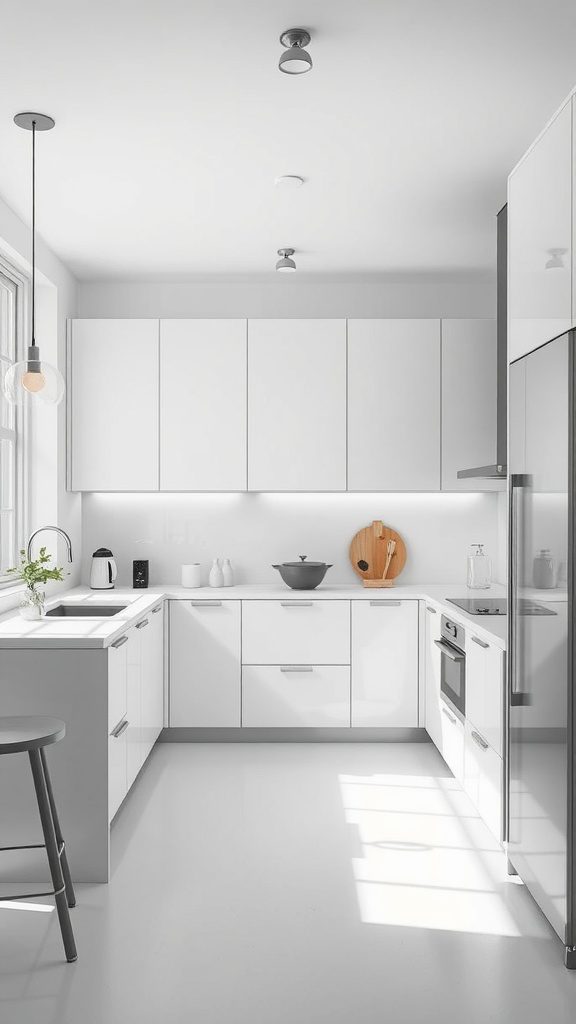Minimalist kitchen design featuring a monochromatic color scheme in shades of white.