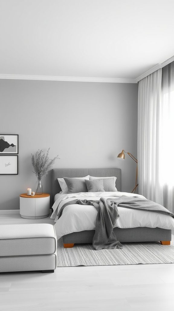 A modern bedroom featuring a monochromatic color scheme with shades of gray.
