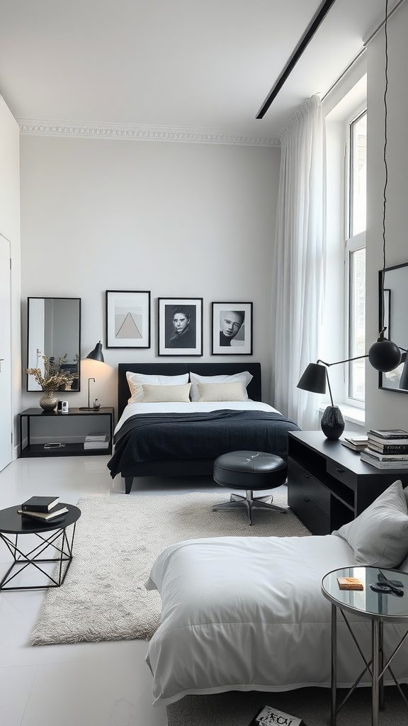 Minimalist monochrome bedroom with black and white decor