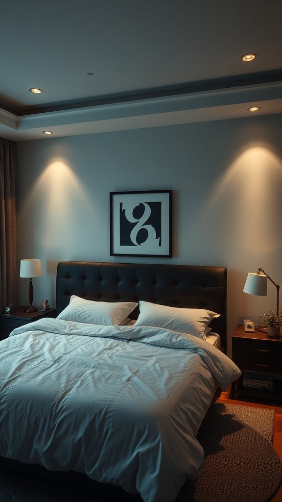 Cozy master bedroom with dimmable lighting and comfortable bedding