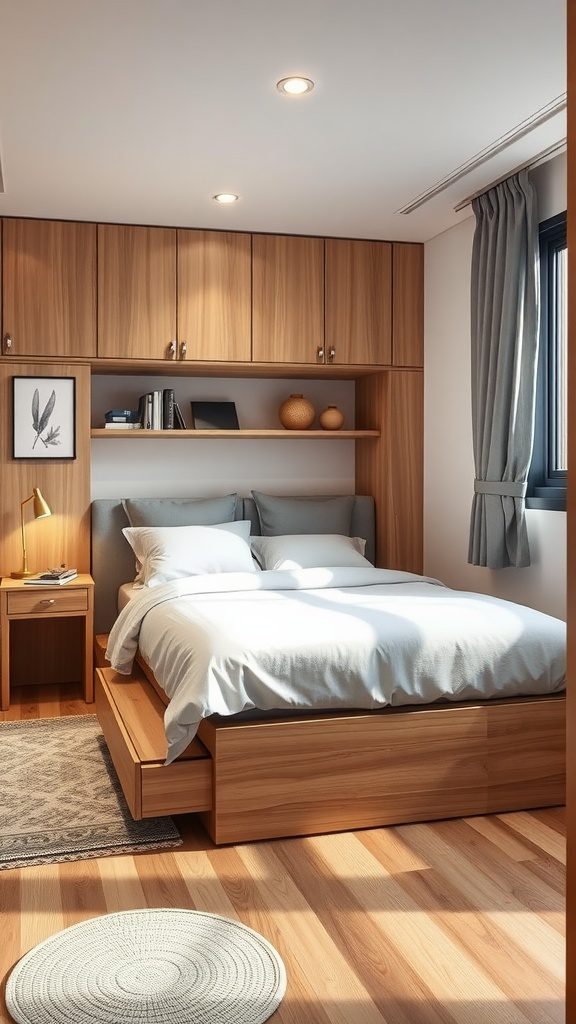 A cozy small bedroom with multi-functional furniture including a bed with storage and a nightstand.