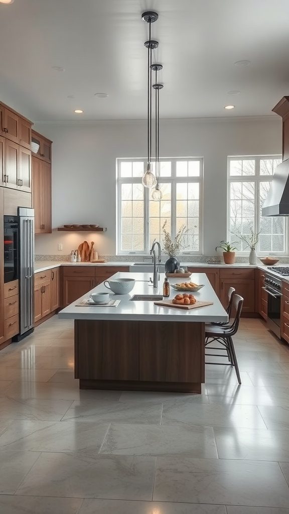 A modern kitchen featuring a multi-functional island with seating and tools.