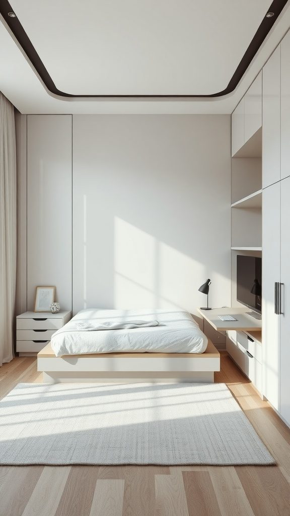 Modern bedroom featuring multipurpose furniture solutions with a minimalist design.