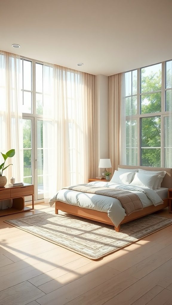 Cozy master bedroom with large windows and soft curtains, letting in natural light.