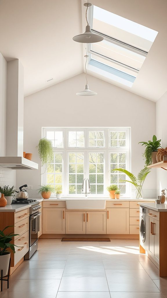Minimalist kitchen with large windows and plants, emphasizing natural light.