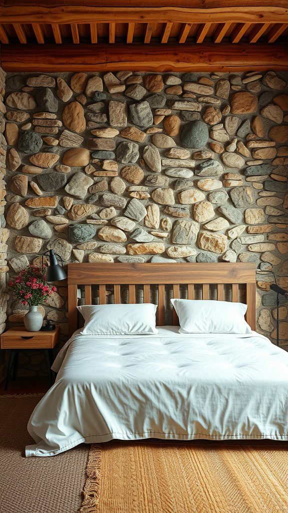 A rustic bedroom featuring a natural stone wall, wooden bed frame, and cozy decor.