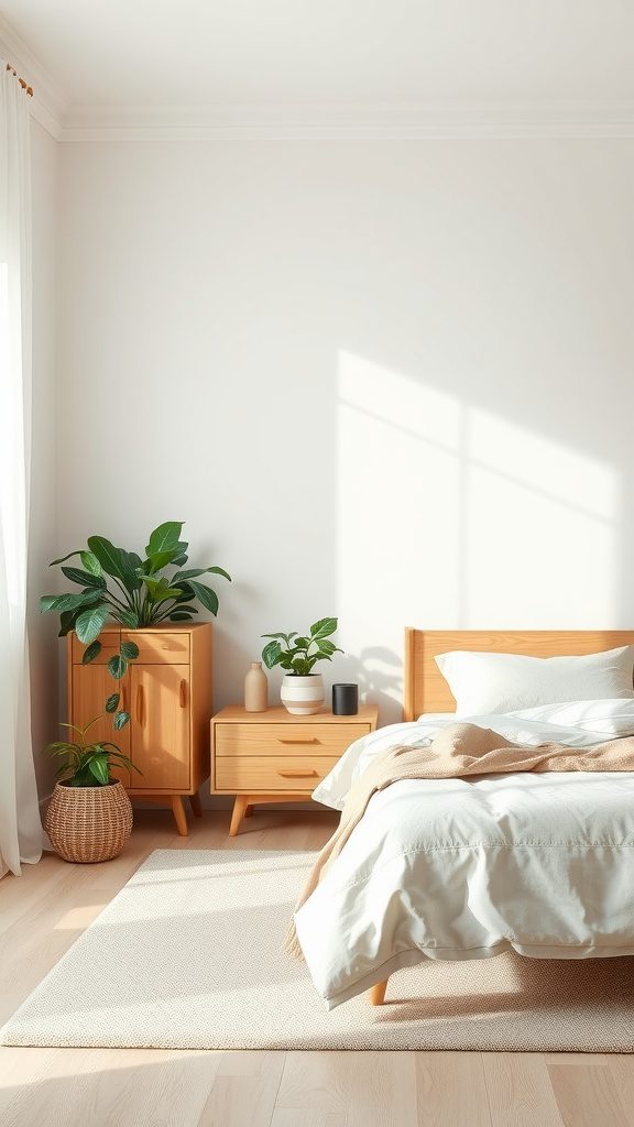 A minimalist bedroom featuring natural wood furniture and plants.