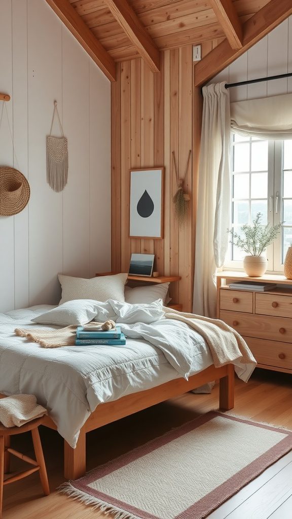 Cozy Scandinavian bedroom with natural wood accents, featuring a wooden bed, textured blankets, and a warm color palette.