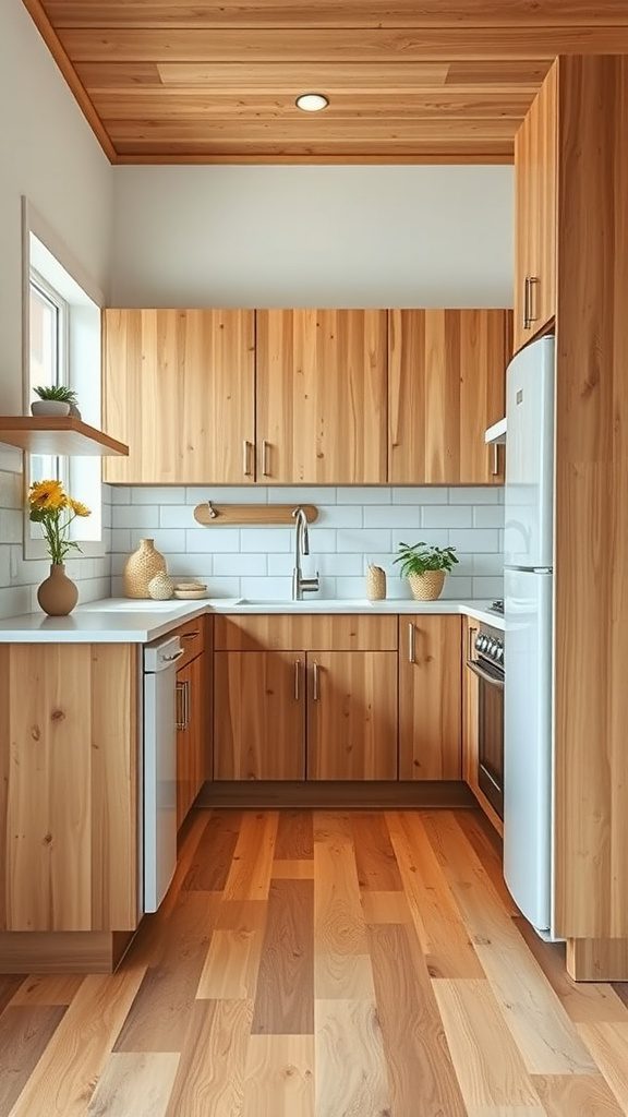 A modern kitchen featuring natural wood finishes on cabinets and flooring.