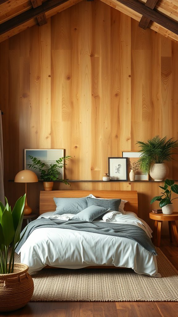 A cozy bedroom featuring wooden walls, plants, and soft bedding.
