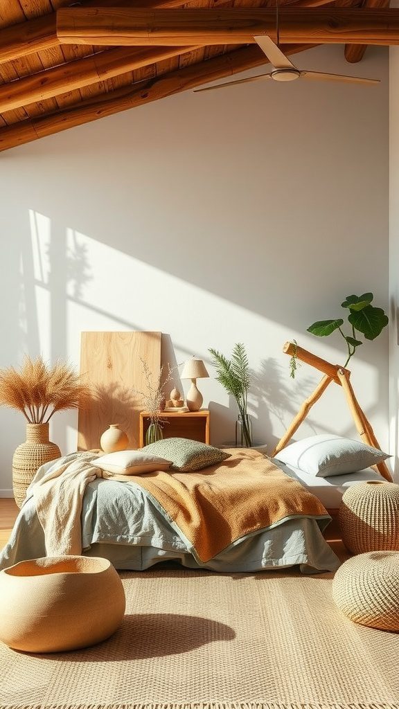A minimalist bedroom featuring earthy tones, natural materials, and plants.