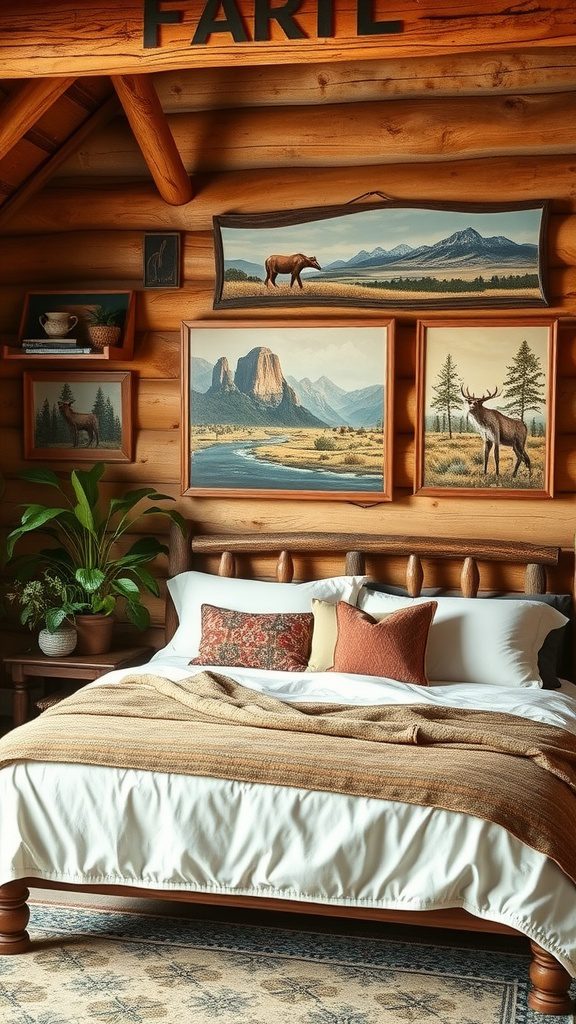 A rustic bedroom featuring nature-inspired wall art, wooden walls, and cozy bedding.