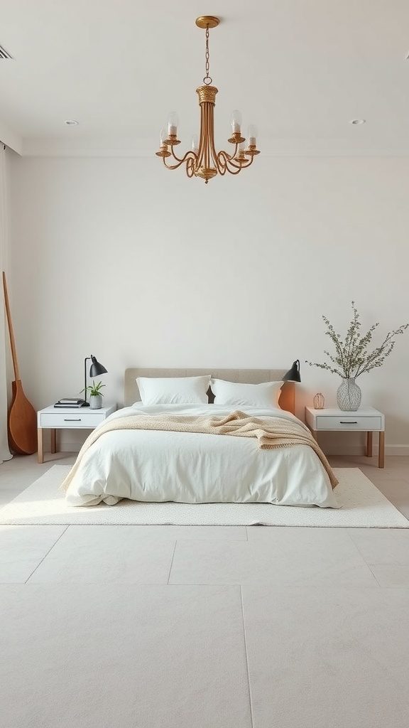 A cozy master bedroom featuring neutral tones, a bed with soft bedding, and simple decor.