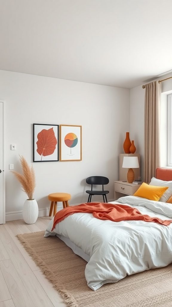 A Scandinavian bedroom featuring neutral tones with bold accent colors in decor and artwork.
