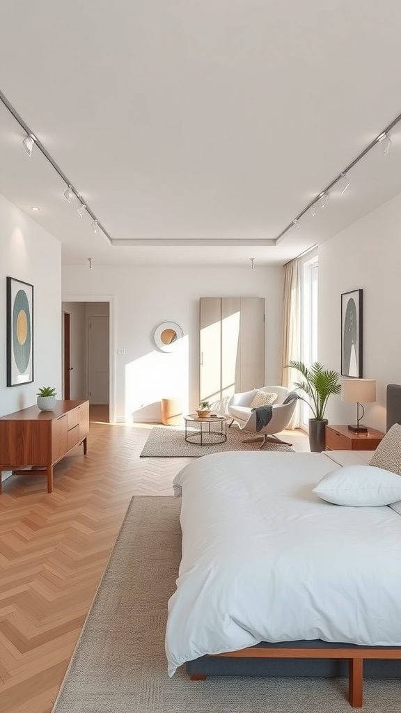 Modern bedroom with open concept layout featuring natural light and stylish furniture.