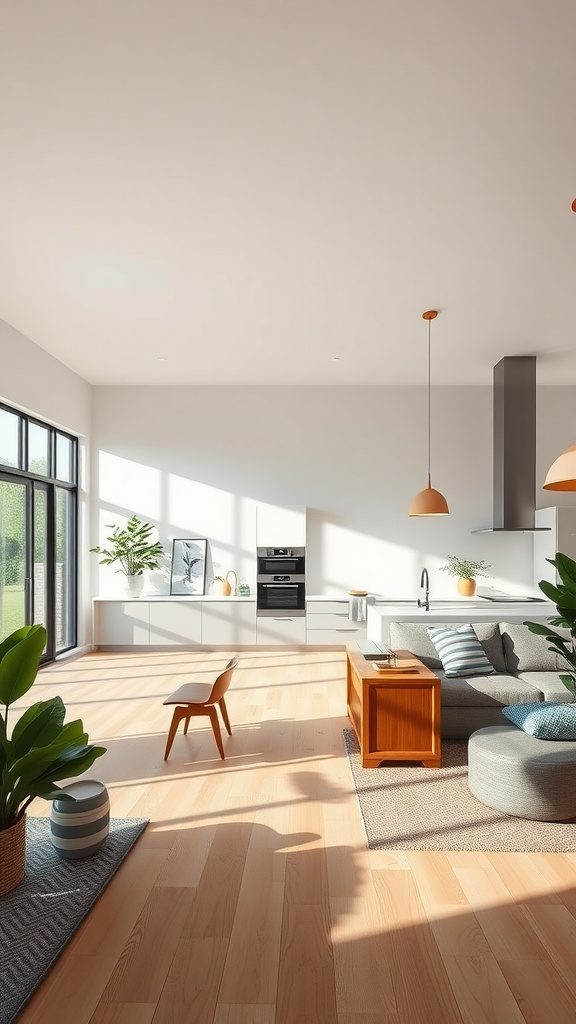 Modern open concept kitchen and living area with natural light and plants