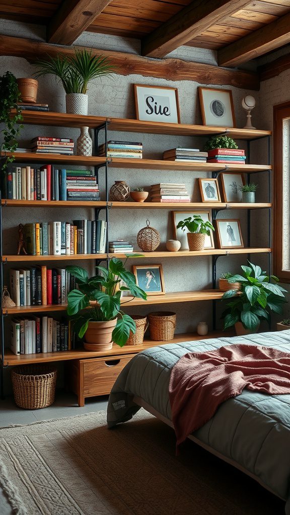 Open shelving displaying books, plants, and framed pictures in a rustic bedroom