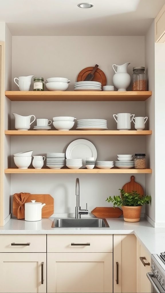 Minimalist kitchen with open wooden shelves displaying white dishware and a small plant near the sink