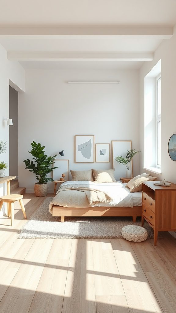 A Scandinavian bedroom featuring light wood tones, minimal furniture, and natural lighting.