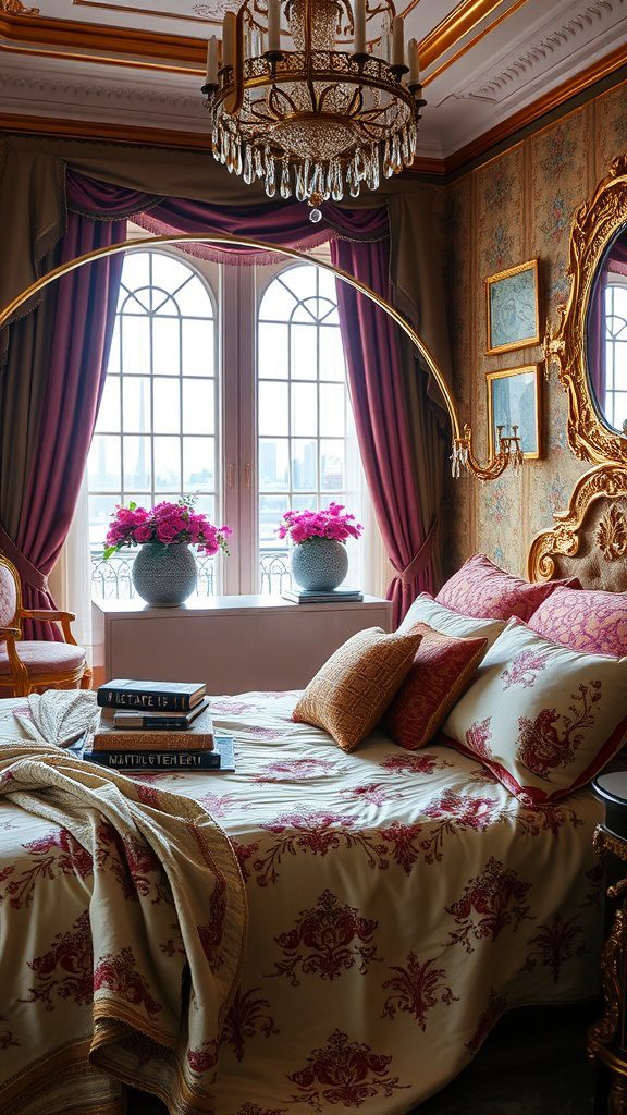 Luxurious bedroom featuring opulent fabrics, rich textures, and elegant decor.