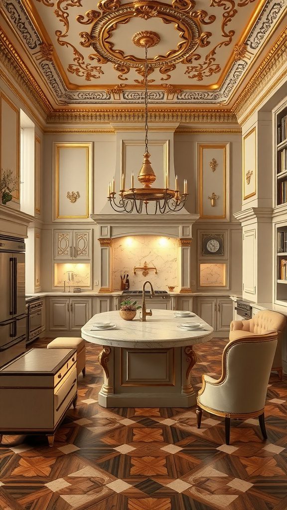 Luxurious kitchen with gold fixtures and elegant design elements.